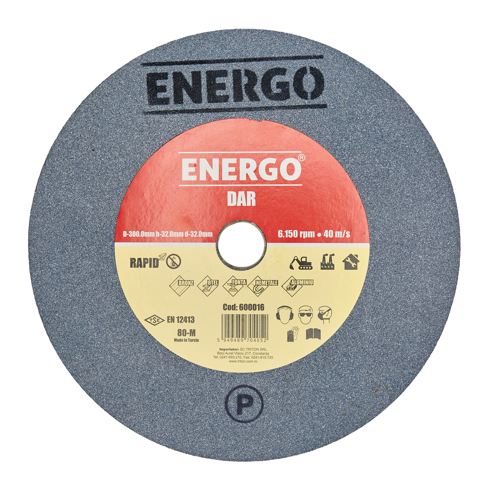 4010313_disc-abraziv-polizor-de-banc-energo-600016-1 Disc abraziv slefuire polizor de banc DAR rapid D-300mm h-32mm d-32mm NK-80-M gri neferoase fonta nemetale otel normal ENERGO - imagine 1