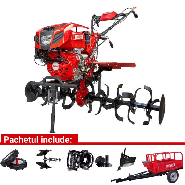 Motocultor H155E cu angrenaj fonta 173 kg 15 CP benzina 2+1 viteze cu roti cauciuc si metalice 5-12+rarita+plug reversibil mic+remorca 400kg ENERGO
