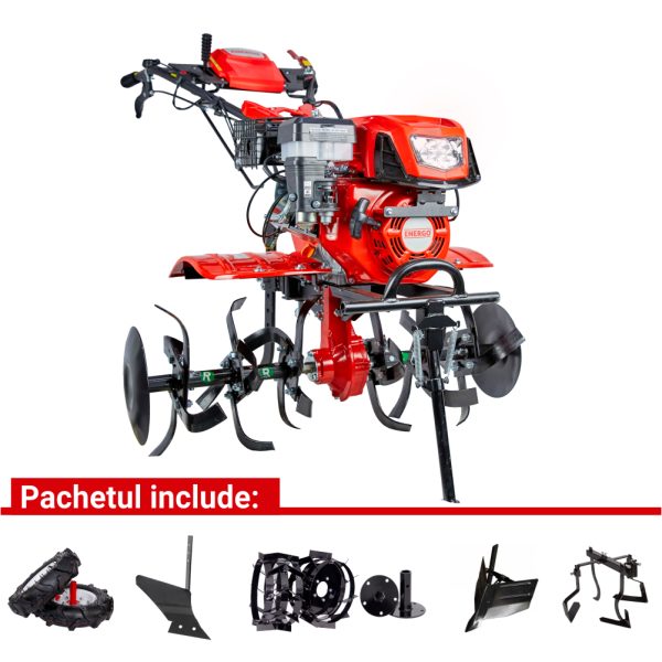 Motocultor H95 cu angrenaj fonta 101.5 kg 7 CP benzina 2+1 viteze cu roti cauciuc si pachet numarul 3 accesorii + prasitoare ENERGO