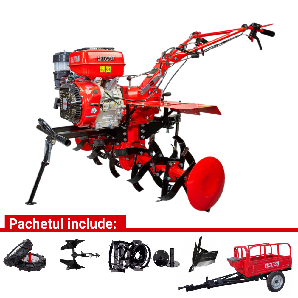 4020901_update_motocultor-energo-686108-1 MOTOCULTOR BENZINA 13CP H105G + ROTI CAUCIUC + ROTI METALICE 5.00-12 + RARITA + PLUG REVERSIBIL MIC + REMORCA 400 KG ENERGO - imagine 1