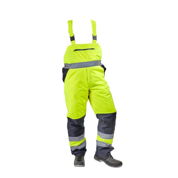 Pantalon cu pieptar vatuit iarna HIGHWAY marimea XXL galben/bleumarin benzi reflectorizante oxford cu poliester 190T si 180g/mp ENERGO