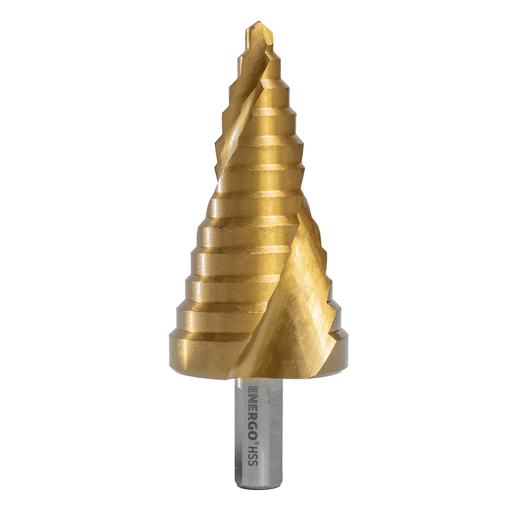 burghiu-in-trepte-energo-101060-1 Burghiu in trepte BMT conic diametru 6.0-37mm L-100mm 2 muchii HSS-TiN prindere tesita ENERGO - imagine 1