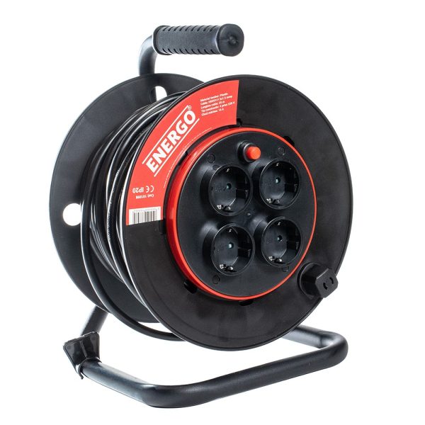 Derulator DP50 cu tambur din plastic cablu H07RN-F sectiune 1.5mmp/3 fire L-50m 4 prize Schuko 16A grad IP20 230V ENERGO