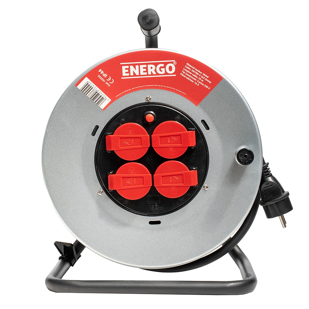 derulator-prelungitor-energo-103476-1 Derulator DM40 cu tambur metalic cablu H07RN-F sectiune 2.5mmp/3 fire L-40m 4 prize Schuko 16A grad IP44 230V ENERGO - imagine 1