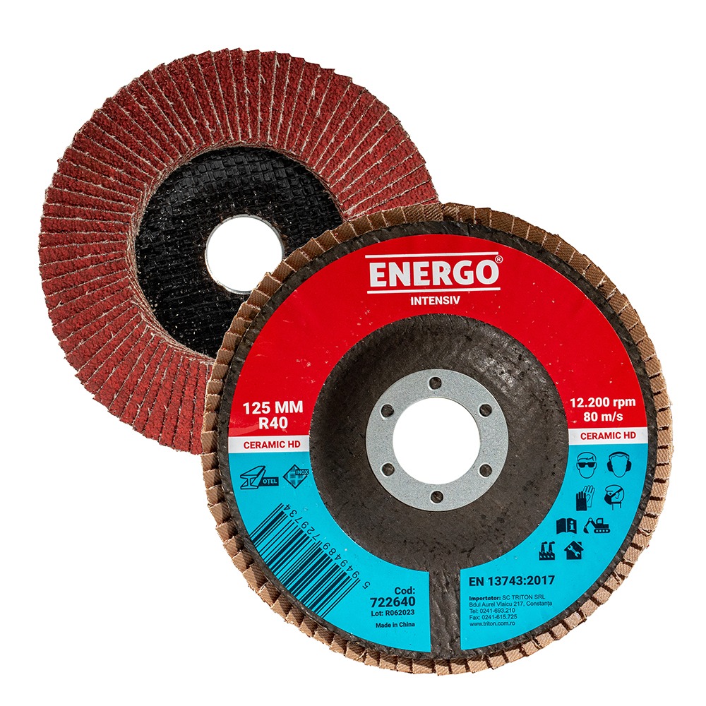 disc-abraziv-lamelar-energo-722640-1 Disc abraziv lamelar DLE INTENSIV 125x22.23mm granulatie R 40 ceramic corund suport fibra pentru inox/metal ENERGO - imagine 1