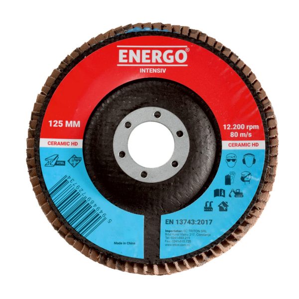 Disc abraziv lamelar DLE INTENSIV 125x22.23mm granulatie R 60 ceramic corund suport fibra pentru inox/metal ENERGO