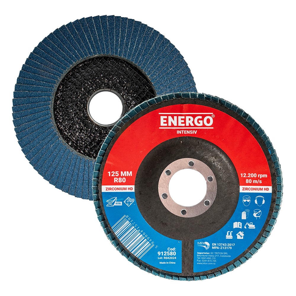 disc-abraziv-lamelar-energo-912580-1 Disc abraziv lamelar DLE INTENSIV 125x22.23mm granulatie R 80 zirconiu corund suport fibra pentru inox/metal ENERGO - imagine 1