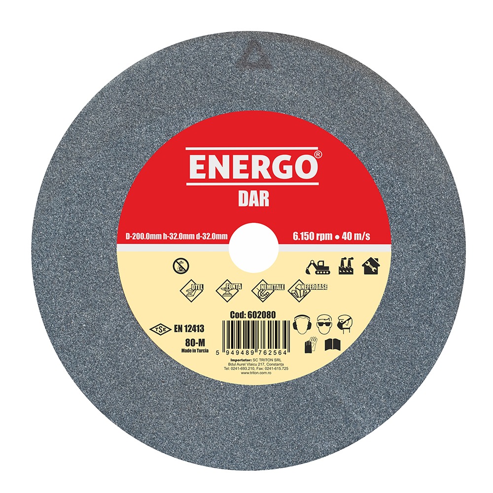 disc-abraziv-polizor-de-banc-energo-602080-1 Disc abraziv slefuire polizor de banc DAR rapid D-200mm h-32mm d-32mm NK-80-M gri neferoase fonta nemetale otel normal ENERGO - imagine 1
