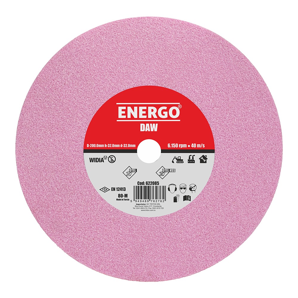 disc-abraziv-polizor-de-banc-energo-622085-1 Disc abraziv slefuire polizor de banc DAW widia D-200mm h-32mm d-32mm AR-80-M roz otel HSS otel normal ENERGO - imagine 1