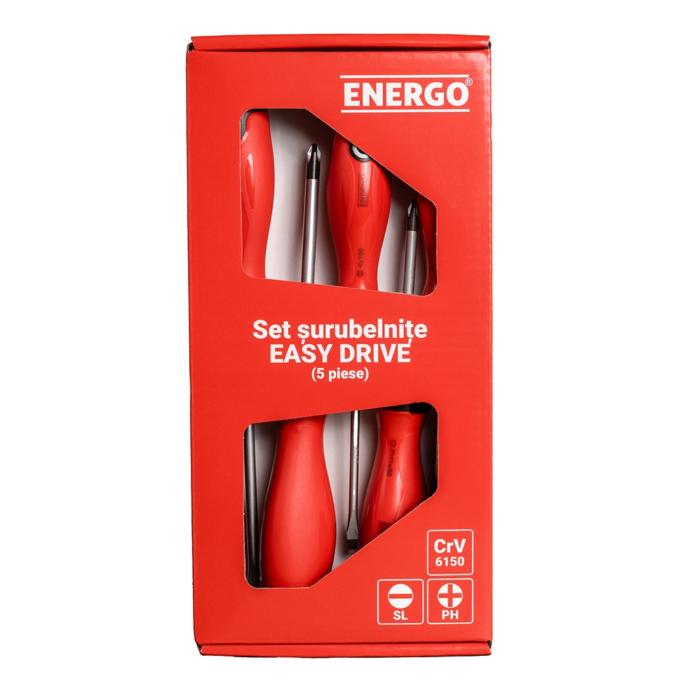 set-surubelnite-standard-energo-583523-1 Set surubelnite EASY DRIVE profil PH SL/dreapta tija CrV cu maner bimaterial 5 piese ENERGO - imagine 1