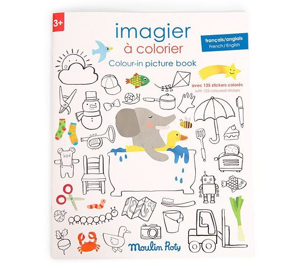 Carte de desen cu abtibilduri Engleza-Franceza, Moulin Roty