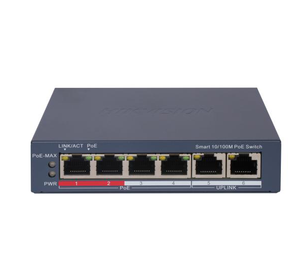 Switch PoE Hikvision DS-3E1106P-EI: 4 × 10/100 Mbps PoE port,2