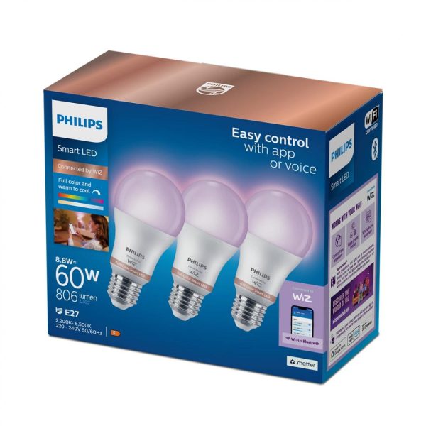 3 Becuri LED RGB inteligente Philips Bulb A60, Wi-Fi, E27,