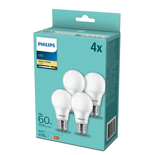 4 Becuri LED Philips A60, E27, 8W (60W), 806 lm,