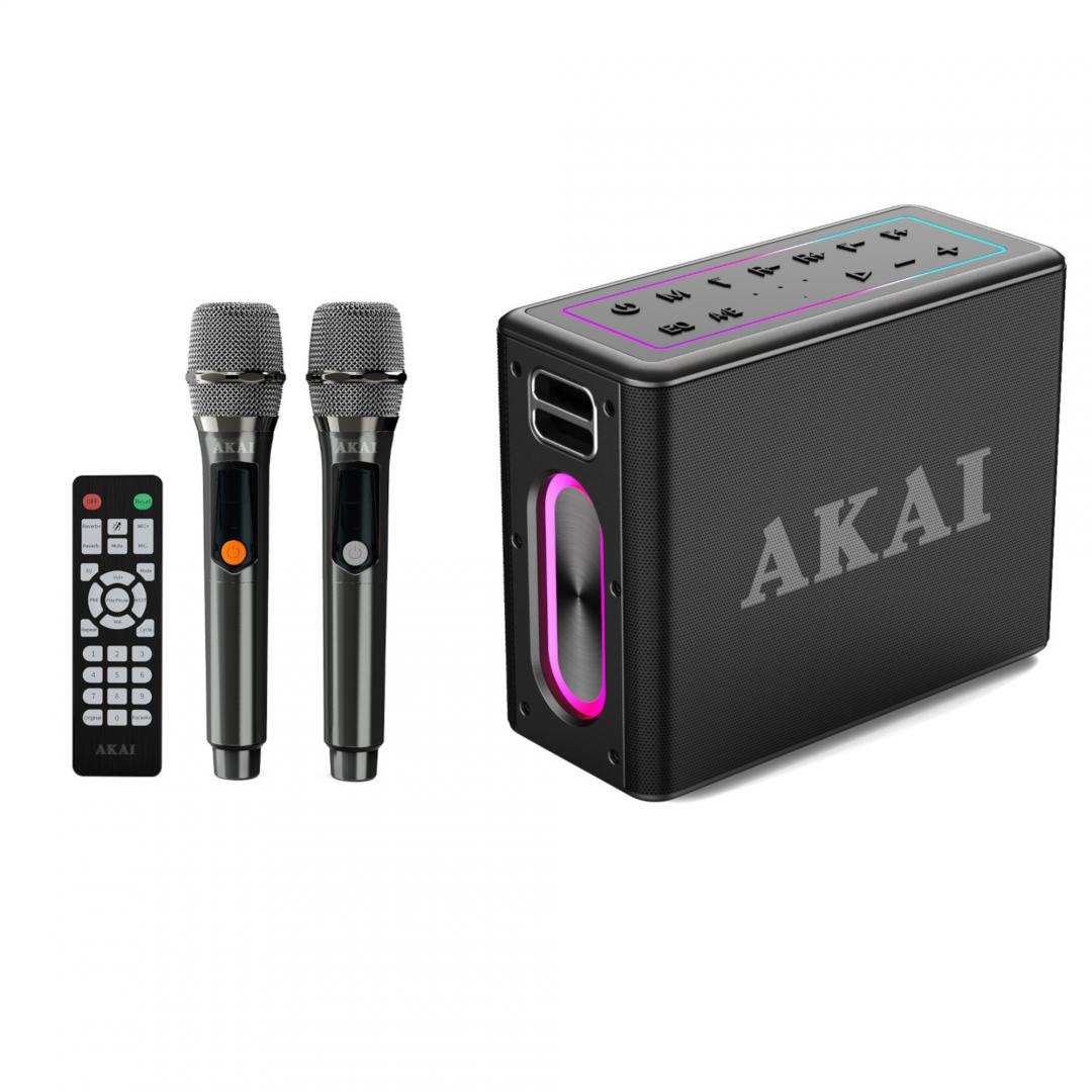 overlay_bc0891e7e7114bd48adcb80bc228277e.jpg Boxa portabila Akai cu 2 micfrofoane wireless IPX6-80W - imagine 1
