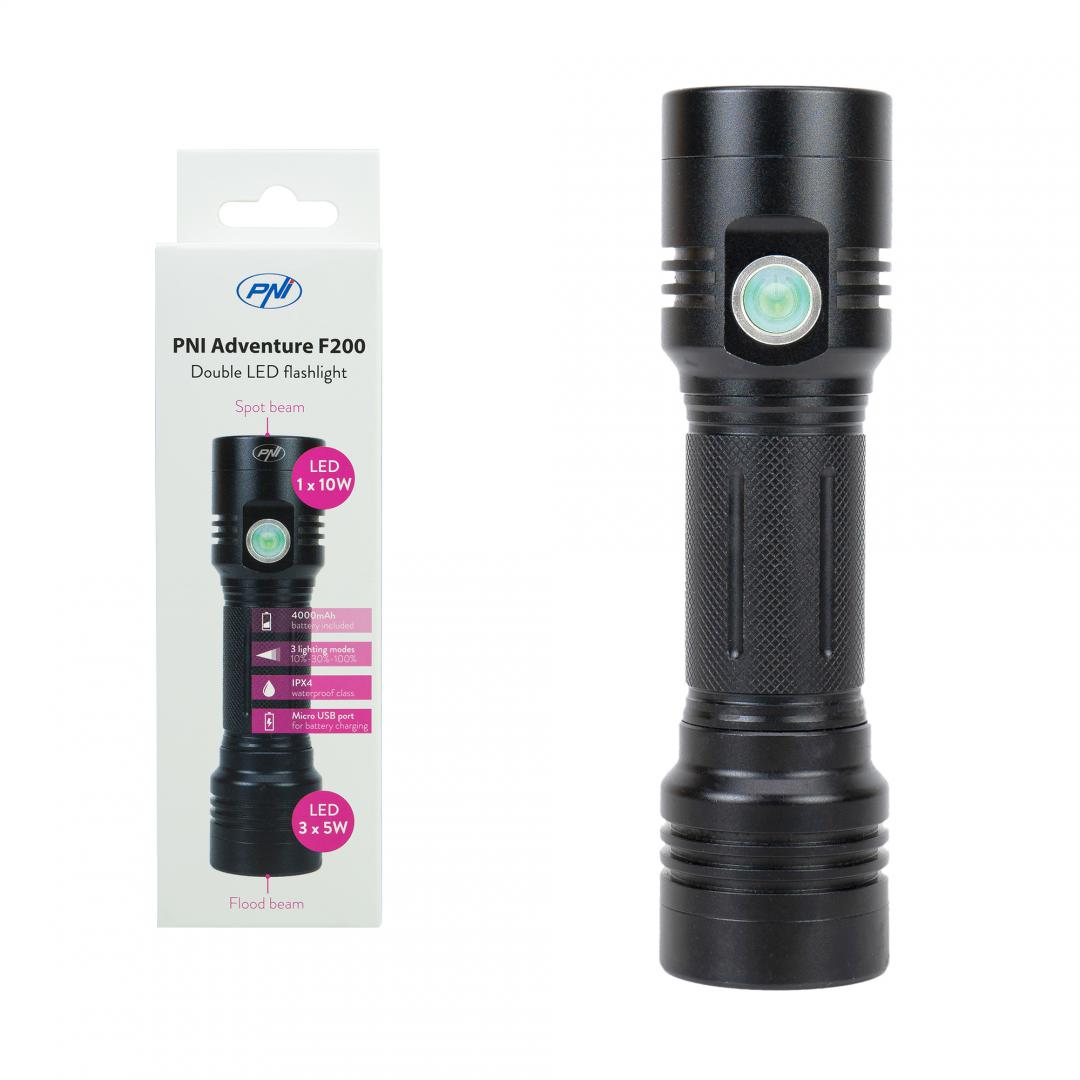 overlay_db5cf4dfbfbb269558d3f337e1b789c4.jpg Lanterna dubla PNI Adventure F200 din aluminiu cu LED, acumulator - imagine 1